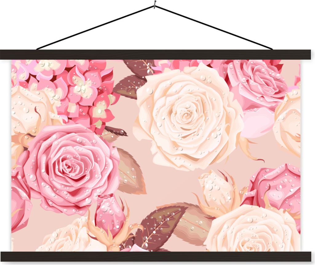 MuchoWow Textilposter Rosen - Rosa - Weiß - Collage 90x60 cm mit schwarzem Rahmen - Aufhängungssatz