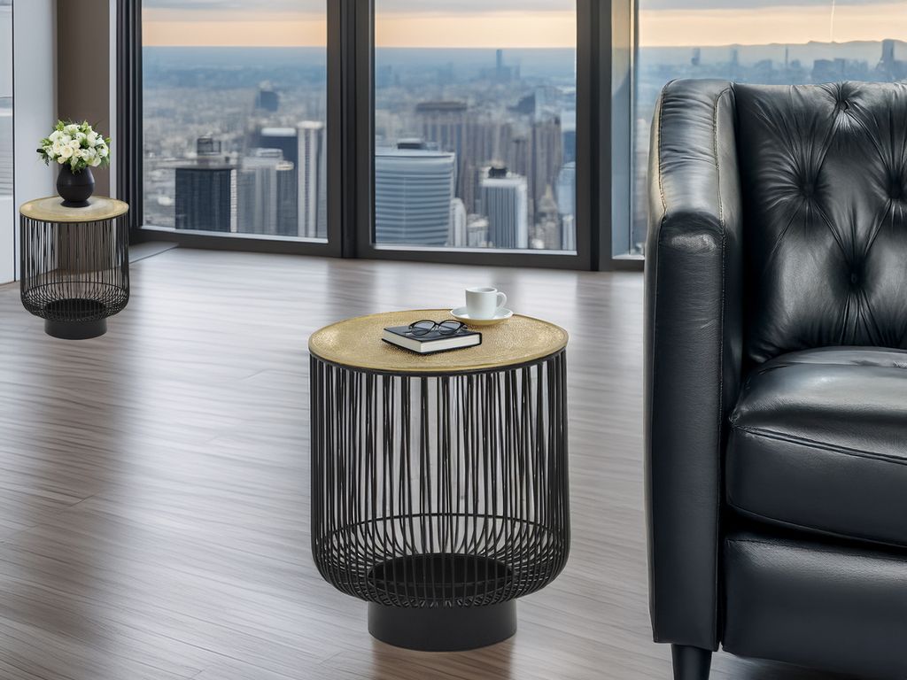 Couchtisch 2 teilig, Korbtische Schwarz Gold, Beistelltische für Sofa Nachttisch
