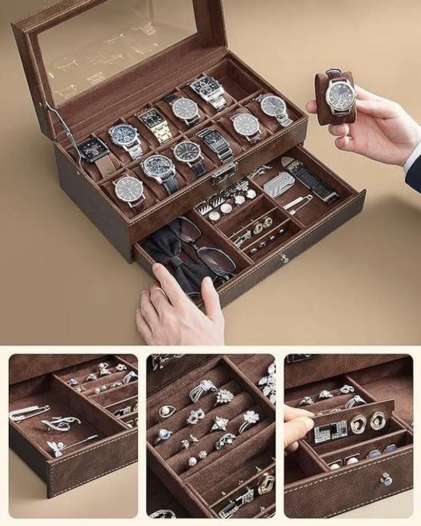 Boîte à montres en cuir noir véritable 19 cm avec intérieur velours
