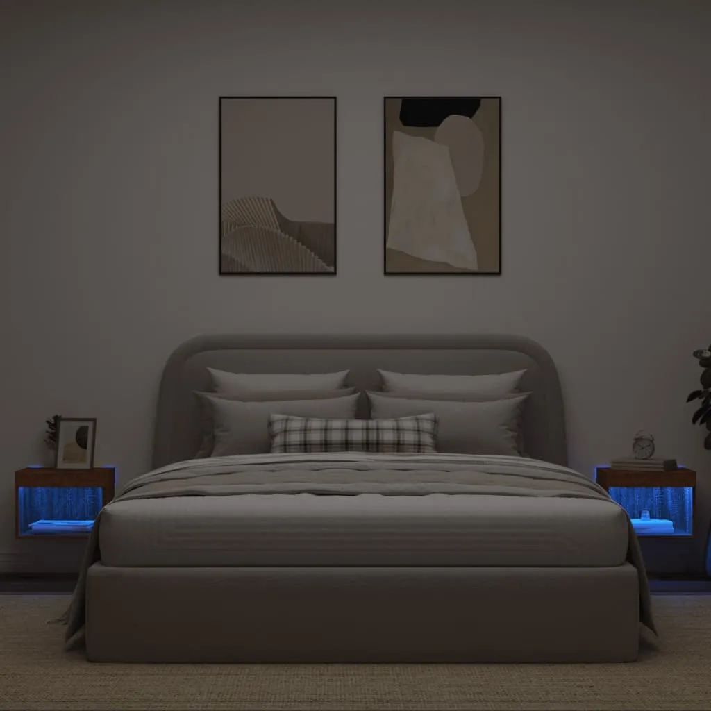 Table de chevet suspendue avec éclairage LED - Lot de 2 brun chêne massif