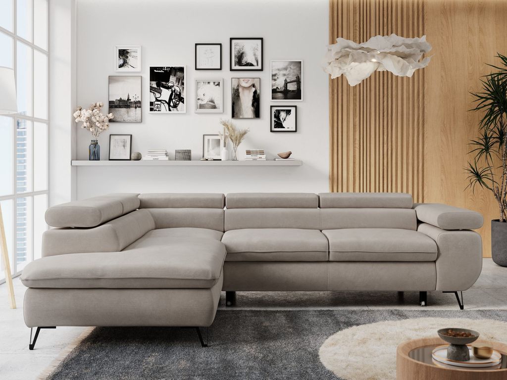 Ecksofa Sofa Beige, Wohnlandschaft L-Form mit Schlaffunktion und Bettkasten, Schlafsofa mit Bettkasten, Sofa mit Einstellbare Kopfstützen, Peter L...