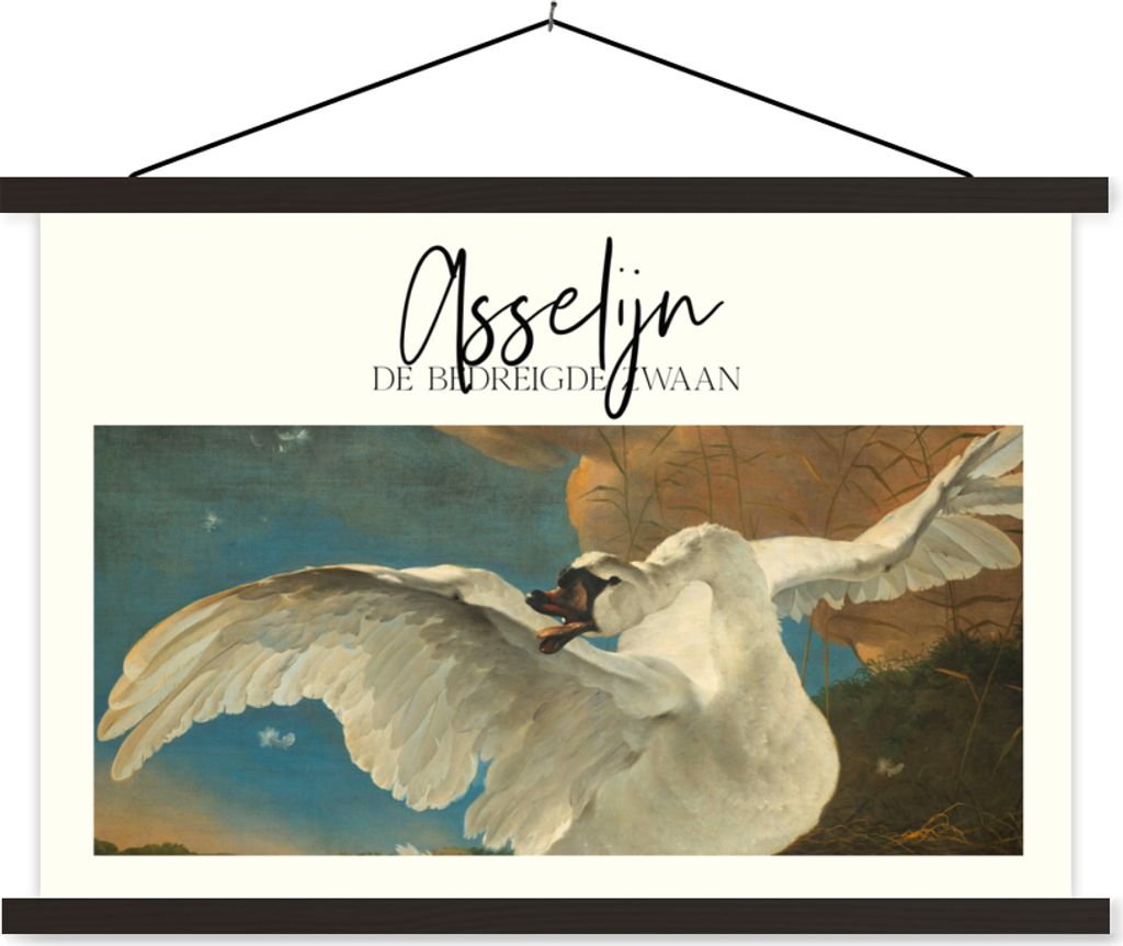 MuchoWow Textilposter Der gefährdete Schwan - Jan Asselijn - Alte Meister 90x60 cm mit schwarzem Rahmen - Aufhängungssatz