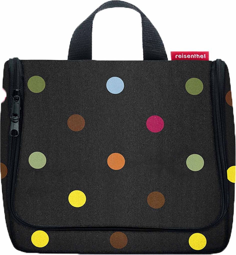 A black toiletry bag with colorful polka dots.
