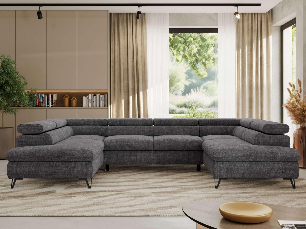 Ecksofa mit Schlaffunktion, Bettkasten, U-form, einstellbare Kopfstützen, Wohnzimmersofa mit Topper T25 - PABLO U - Schenille grob - Grau