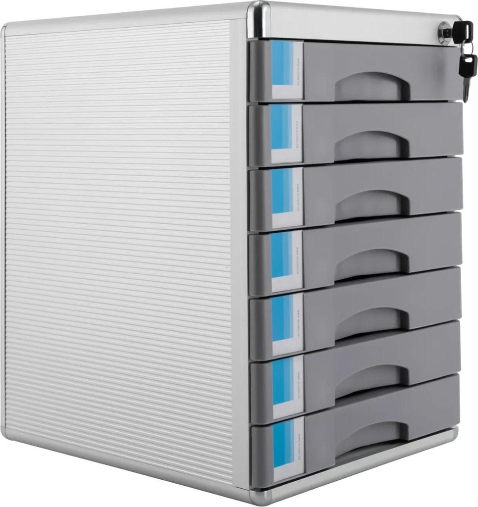 Dokumentenbox - Schreibtisch-Organizer - 7 Schubladen - Abschließbar - Etikettenfenster - Platzsparend - Aluminiumrahmen + PP-Schubladen - Grau