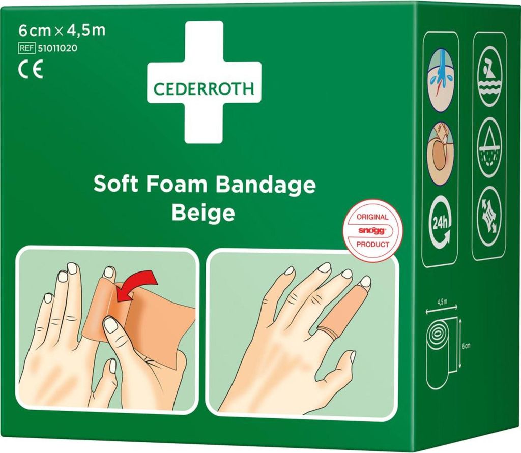 The image shows the packaging of a soft foam bandage.