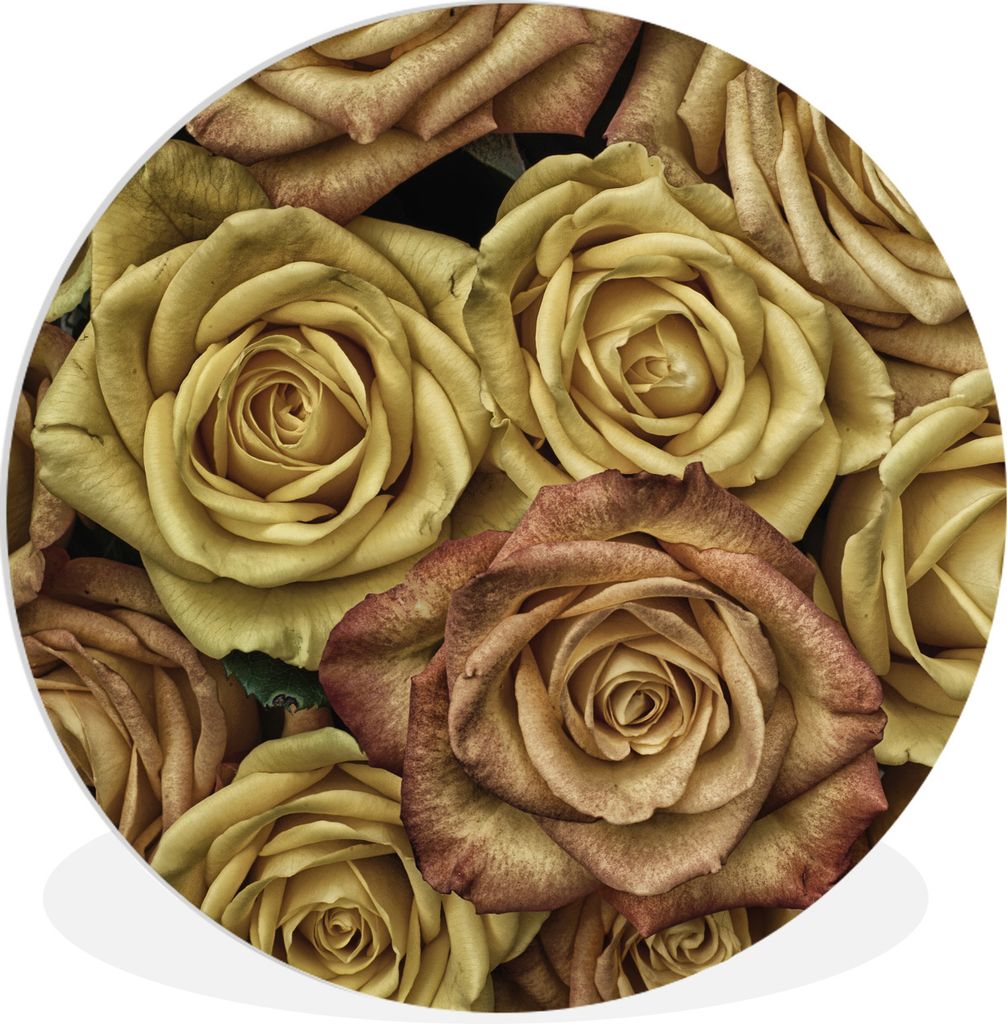 MuchoWow Rundes Wandbild - Runde Bilder Rosen - Gold - Blumenstrauß Ø 60 cm Kreis Wanddekoration Kunststoff - Wandkreis - Wandschmuck - Wand Kr...