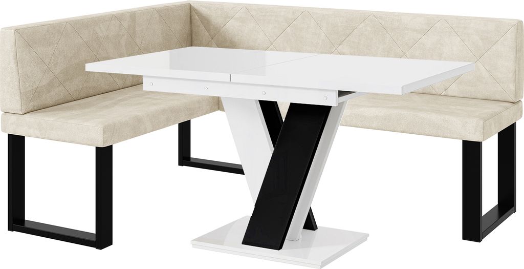 MEBLINI Eckbank für Esszimmer mit ausziehbarem Tisch - Küchenbank - Essecke - Sitzecke Küche - ERIC - U-Beine 128x168x87cm Links - Creme Samt/M ...