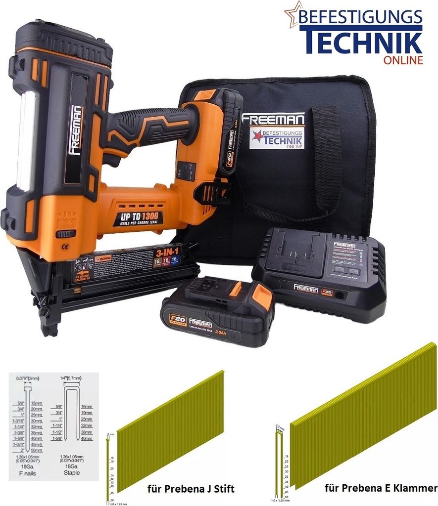 Freeman Akku Kombi Nagler 3in1 15-50mm 2x2,0Ah für Stauchkopfnägel Prebena J Klammern E BR-03