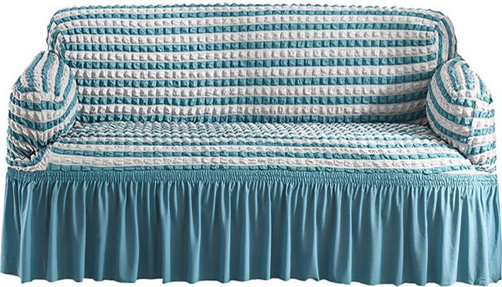 (2-Sitzer, blau gestreift)Universal-Stretch-Sofa-Schonbezug mit Rock 1-teiliger Sofabezug