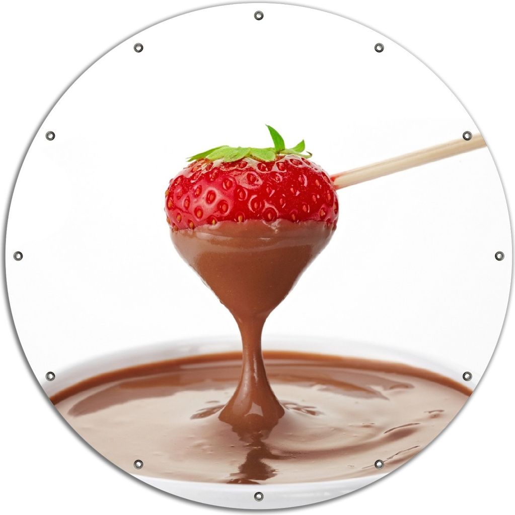 Wallario rundes Outdoor-Poster für Garten oder Balkon, Motiv Schoko-fondue mit Erdbeer am Stiel, 120 cm Durchmesser