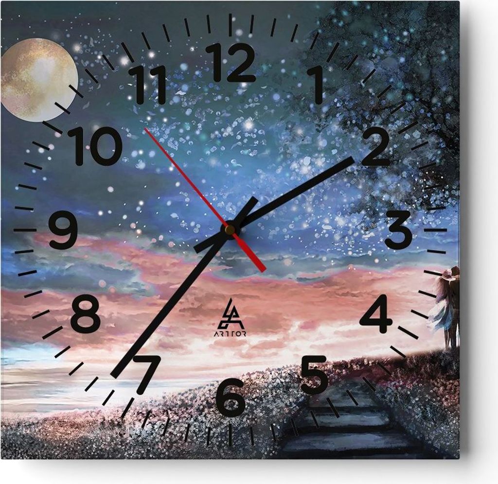 Wanduhr - Quadrat - Glasuhr - Himmel Mond Liebhaber - 40x40cm - Schleichendes Uhrwerk - Lautlos - zum Aufhängen bereit - Dekoration Modern - Wandd...