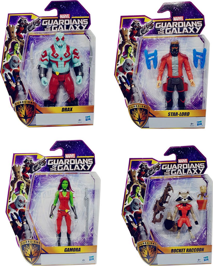 A collage of four packaged action figures from Marvel's Guardians of the Galaxy.