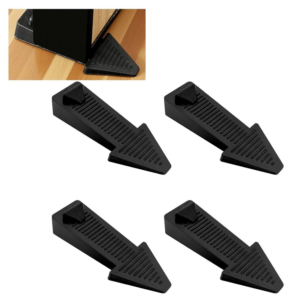 Türkeil Gummi Türstopper Boden - 4 Stück Keile in Schwarz, Rutschfest in Pfeilform, Höhenverstellbar und Stapelbar, Ideal für Türen und Fenster