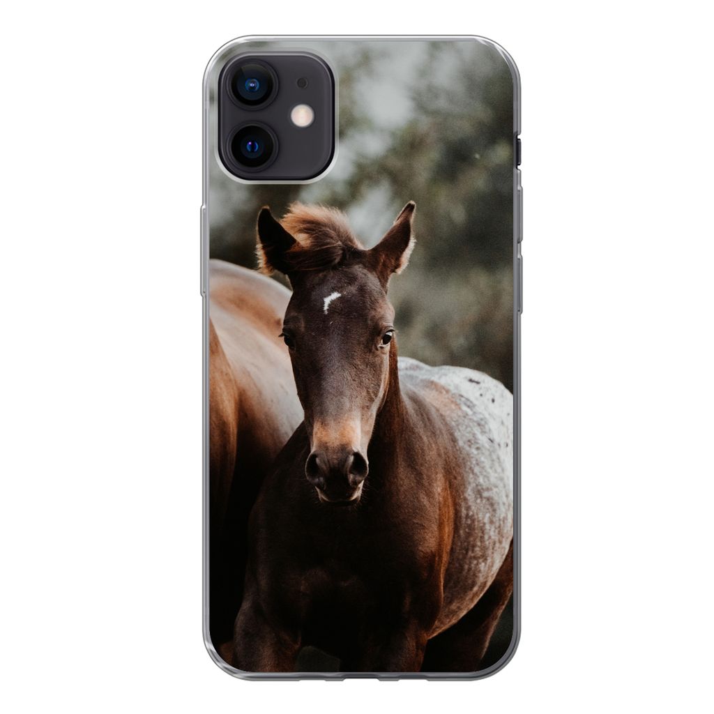 MuchoWow Handyhülle Schutzhülle Hülle für iPhone 12 mini Pferde - Wald - Berge Silikon Softcase Handy Hülle - Bild