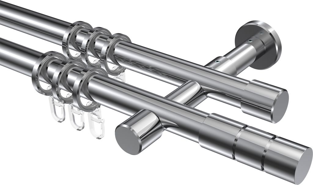 Interdeco Gardinenstange / Vorhangstange Chrom, Typ Prestige Elanto (Rillenzylinder), 20 mm Ø 2-läufig, 520 cm