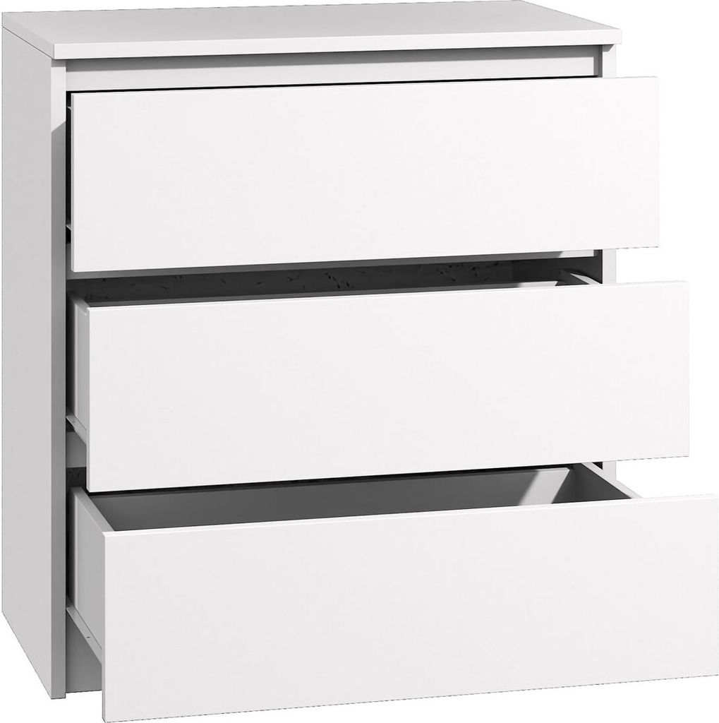 A white chest of drawers with three drawers, one of which is partially open.