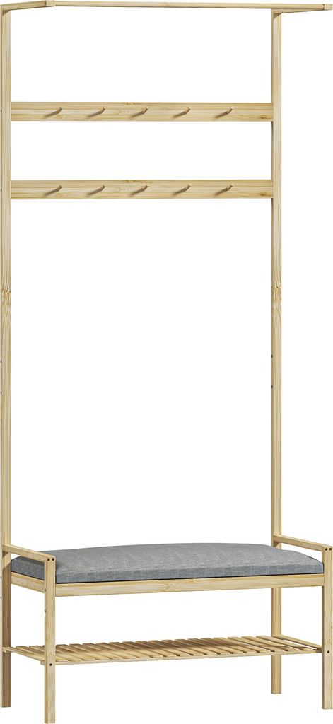 Garderobenständer mit Schuhbank, Kleiderständer mit Haken, Schuhregal, Garderobe mit Sitzkissen, Jackenständer für Eingangsbereich, Flur, Bambus