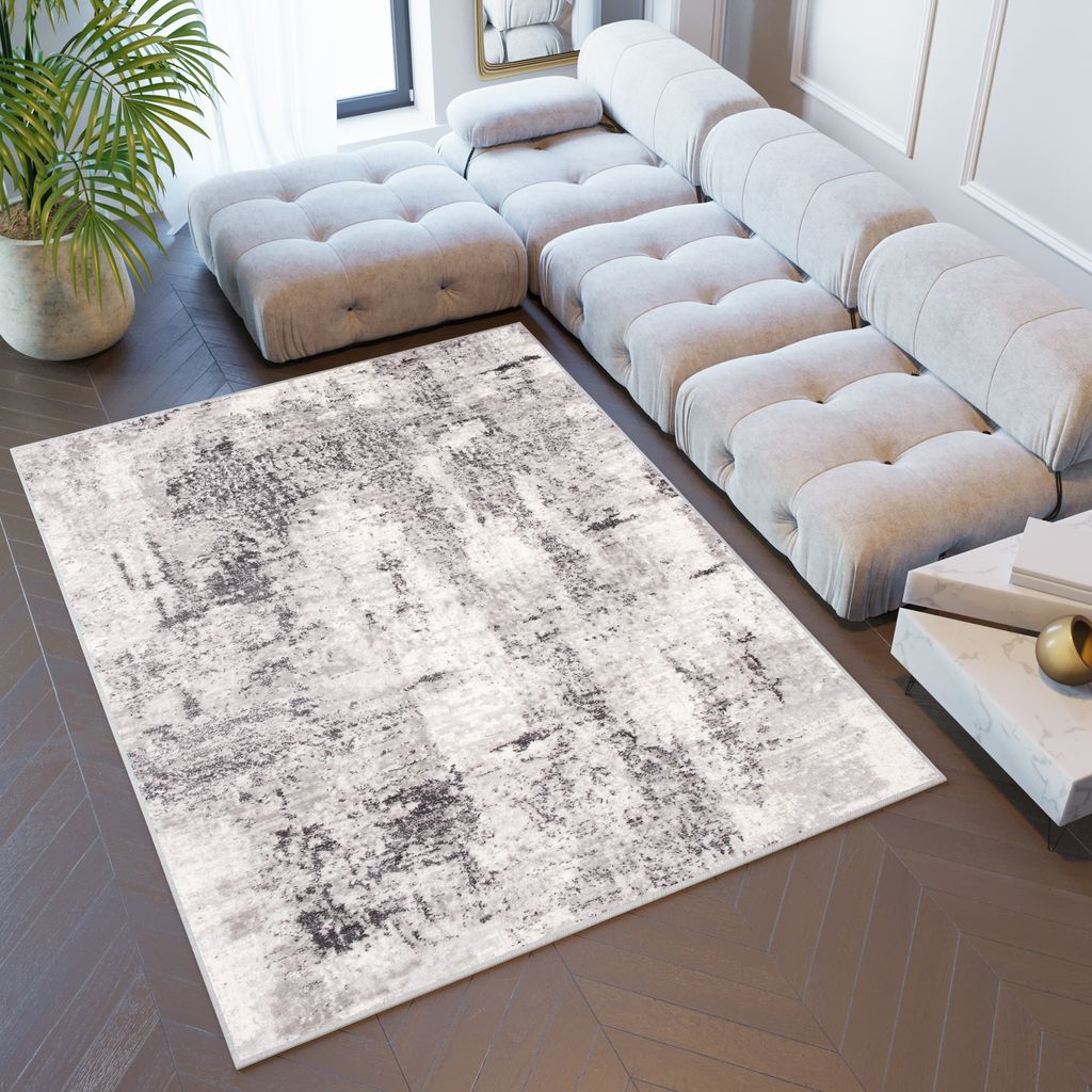 teppich wohnzimmer schlafzimmer kurzflor modern design beige grau hellgrau  vintage meliert verwischt 3d optik 200 x 300 cm