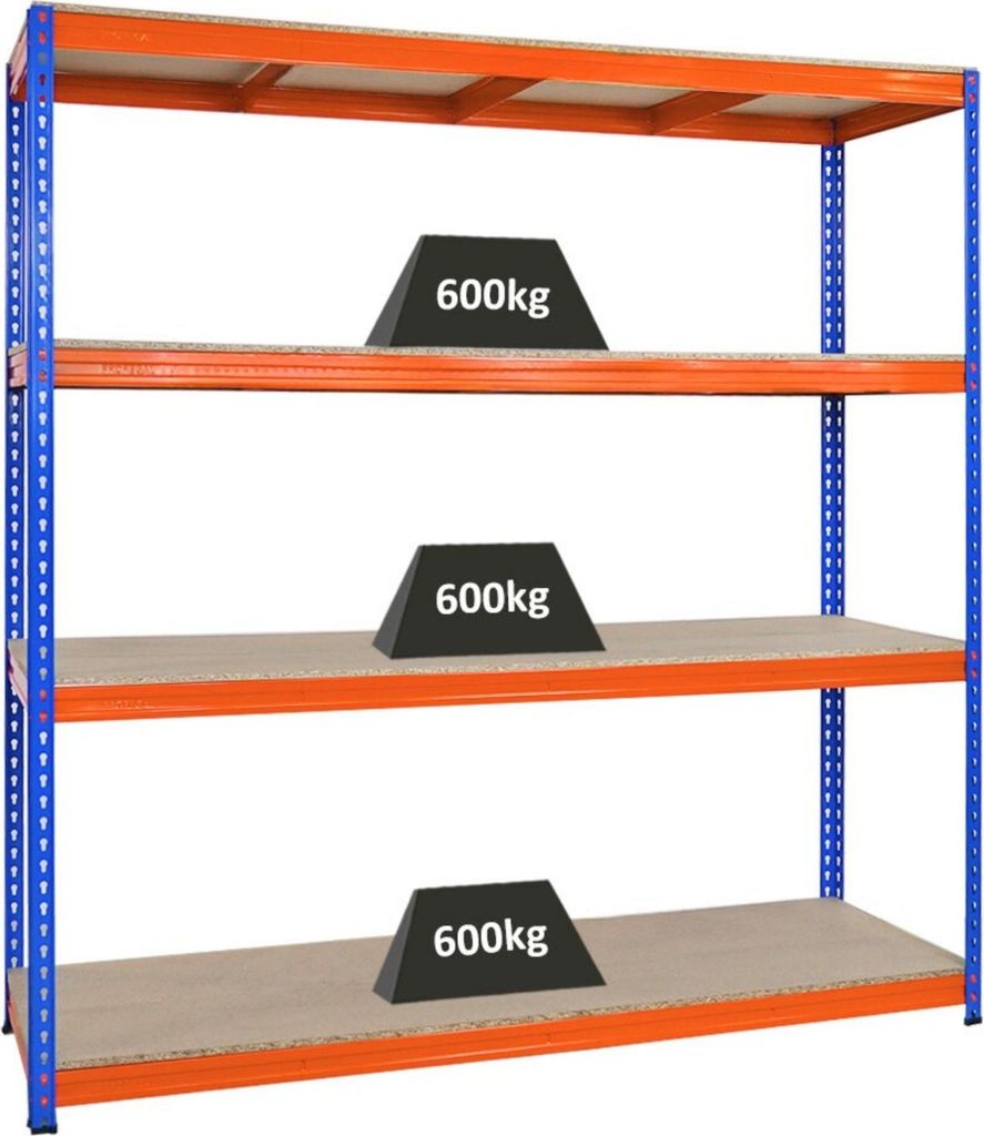 Profi Schwerlastregal BISON | HxBxT 200x200x60cm | 4 Spanplatten-Ebenen 15mm | Fachlast 600kg | Blau-Orange
