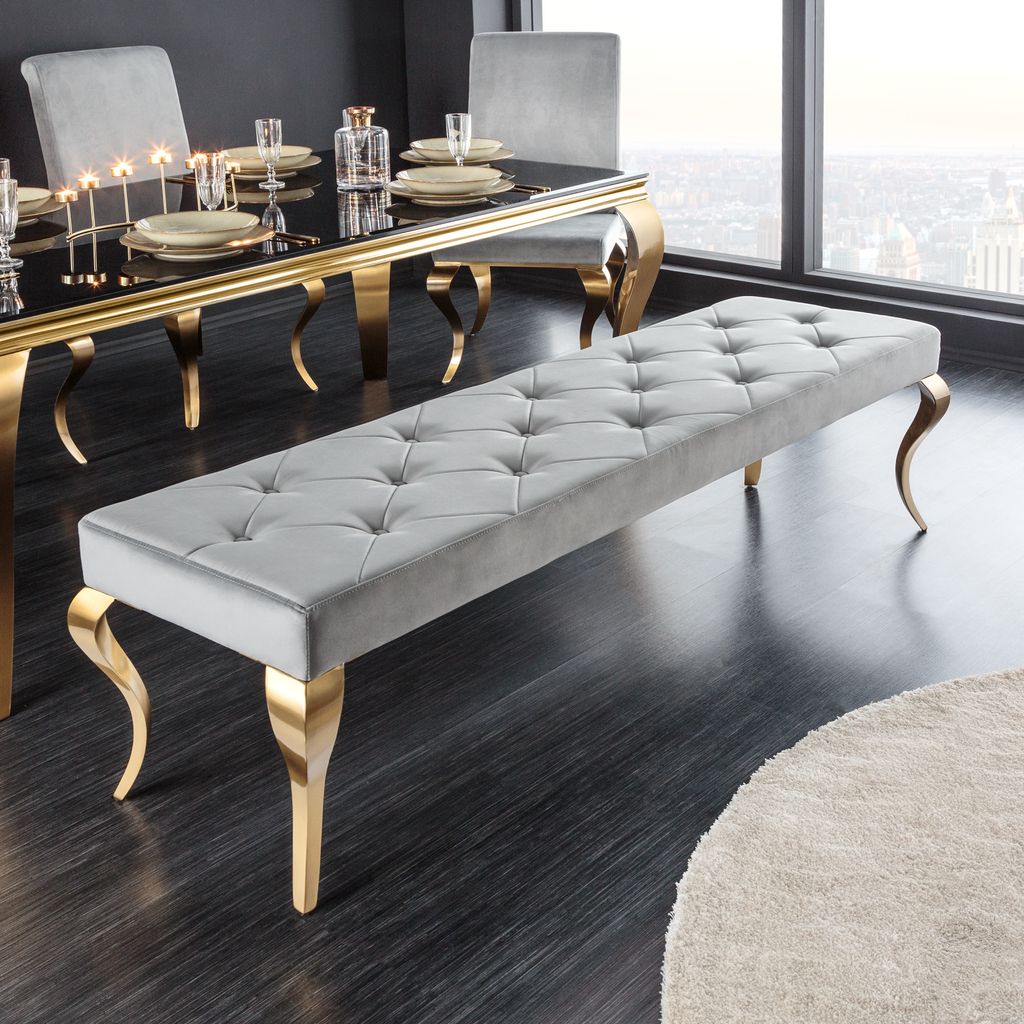 Design Sitzbank MODERN BAROCK 175cm grau Samt gold Edelstahl Bank Bettbank Polsterbank