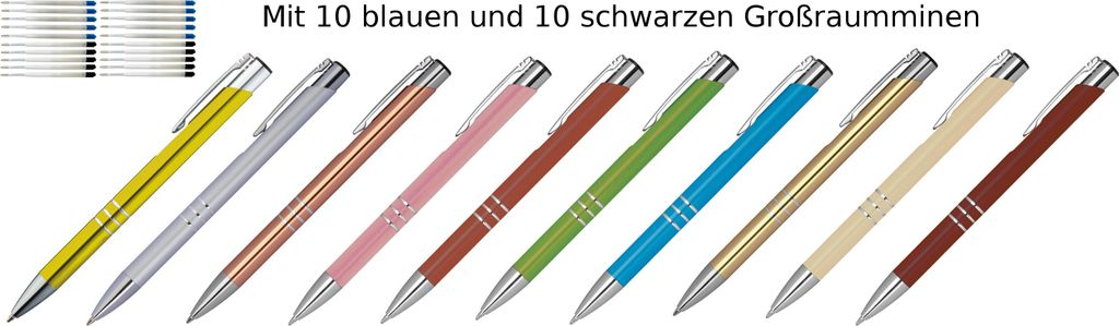 10 Kugelschreiber aus Metall / je 10 schwarze + blaue Minen / 10 Farben