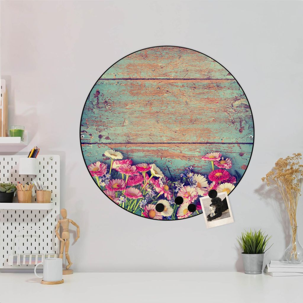 Design Stahlmagnettafel Schwarz Rund 47cm Blumenpfücken