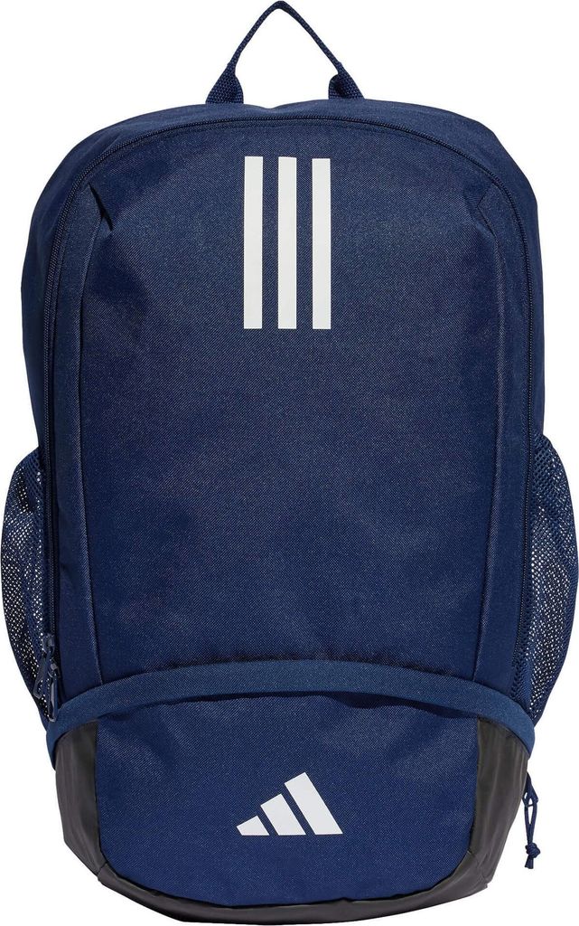 A navy blue Adidas backpack with white stripes and logo.