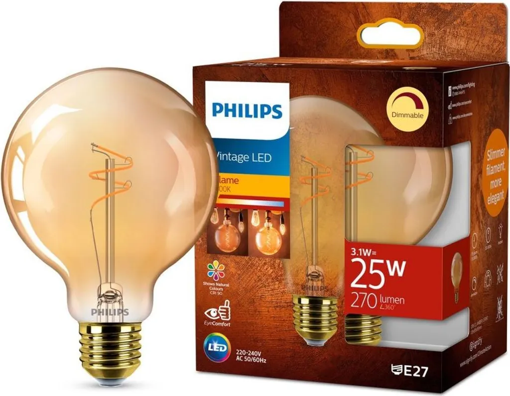 Globe LED Philips G95 E27 Verre Brun Effet Vintage et Intensité Variable