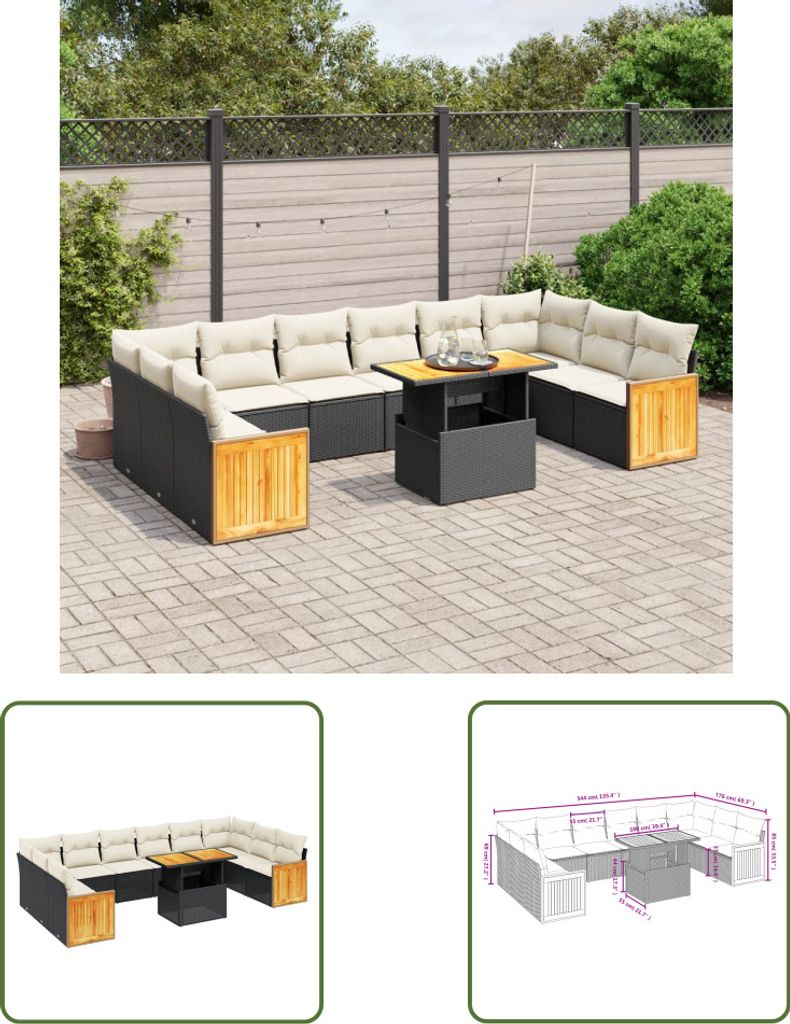 The Living Store 11-tlg. Garten-Sofagarnitur mit Kissen Schwarz Poly Rattan