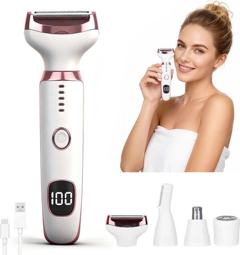 4-in-1 Elektrischer Damenrasierer mit USB, LED-Licht, Nass/Trocken, und Präzisionstrimmer