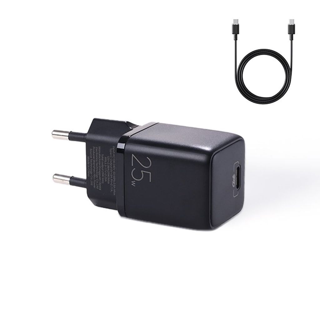 Joyroom kleines Schnellladegert USB Typ C PD 25W EU Stecker schwarz + USB Typ C - USB Typ C Kabel (L-P251)