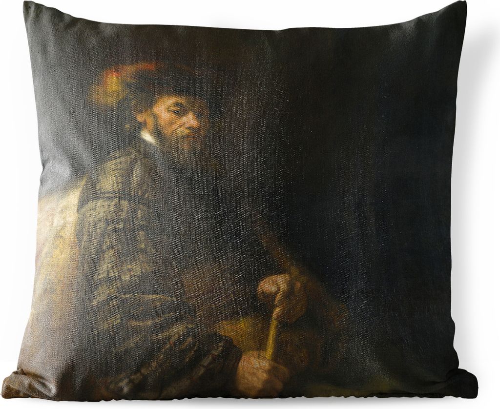 MuchoWow Outdoor Kissen - Sitzender Mann mit Stock - Gemälde von Rembrandt van Rijn - 60x60 cm - Wetterfest - Lounge Kissen - Dekoration - Schla...