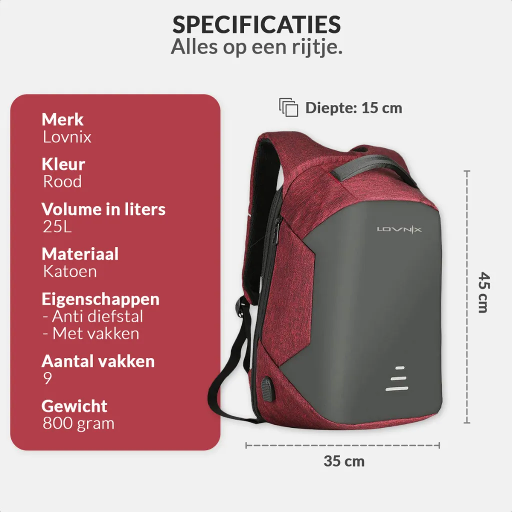 Sac à dos ordinateur 15 pouces rouge Lovnix - Protection antivol USB