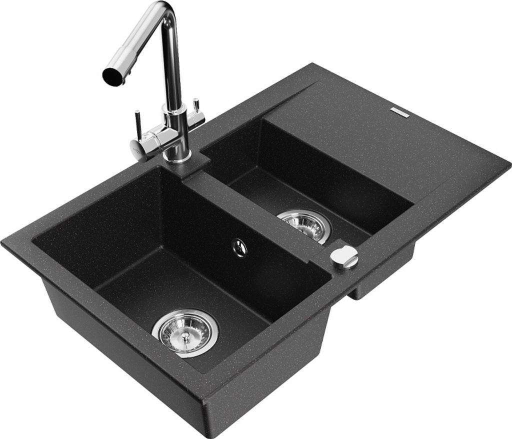 Mexen Gaspar 1,5-Becken-Granitspüle mit Abtropffläche und Mischbatterie Duero, Schwarz/Silber - 6507-73-671600-00