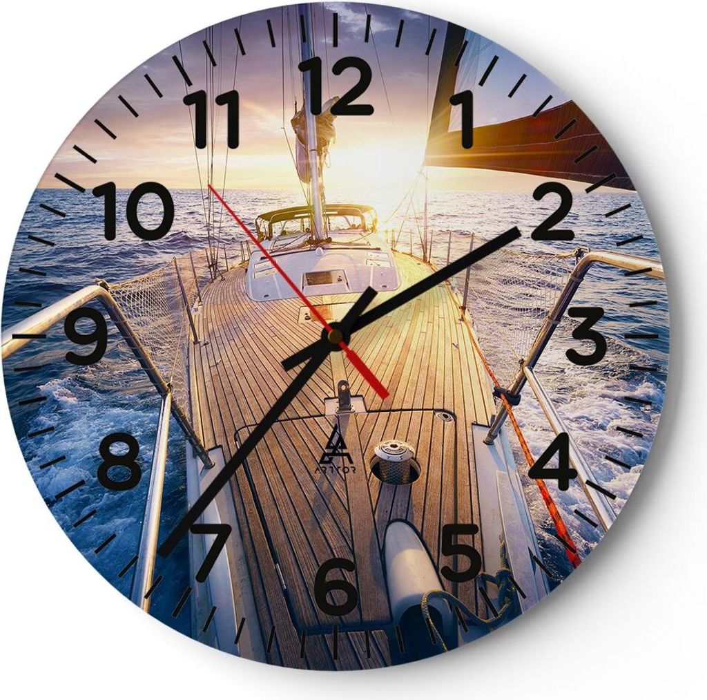 Wanduhr - Rund - Glasuhr - Segelboot Meer - 30x30cm - Schleichendes Uhrwerk - Lautlos - zum Aufhängen bereit - Dekoration Modern - Wanddekoration ...