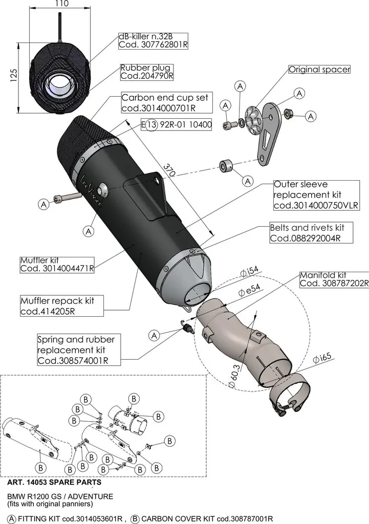 Silencieux arrière LeoVince 0233 0235 10400 en acier inox noir Ø 54mm