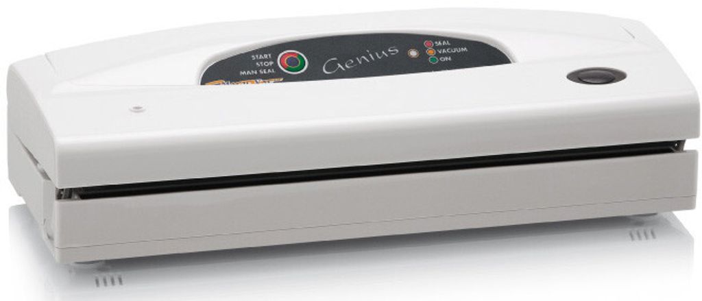 A white vacuum sealer machine with a control panel.