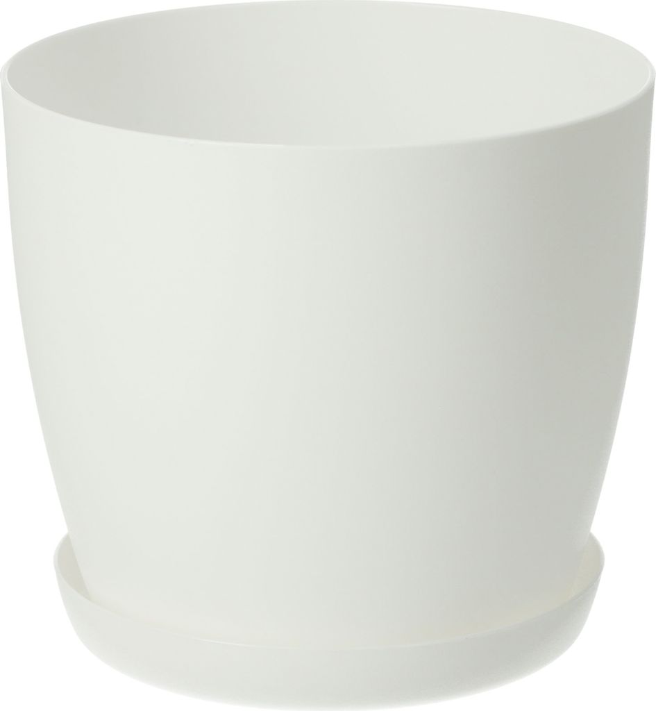 A white plant pot with a matching saucer, isolated on a white background.