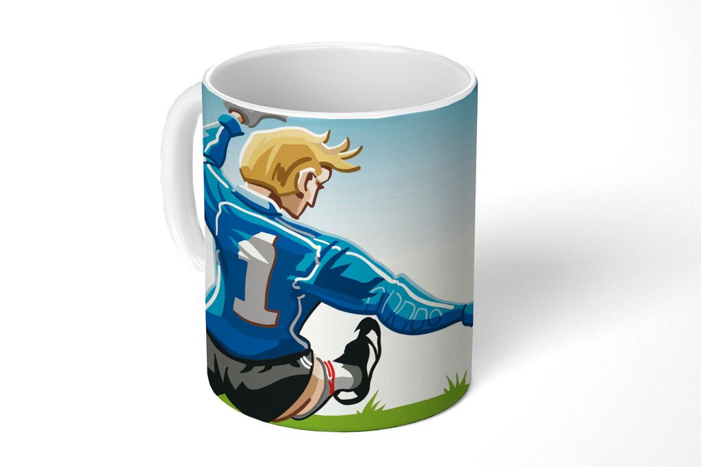 KitchenYeah Tasse Kaffeetasse Kaffeebecher 350 ml Eine Illustration eines Torwarts, der den Fußball stoppt - Jungen - Mädchen - Kinder Teetasse...