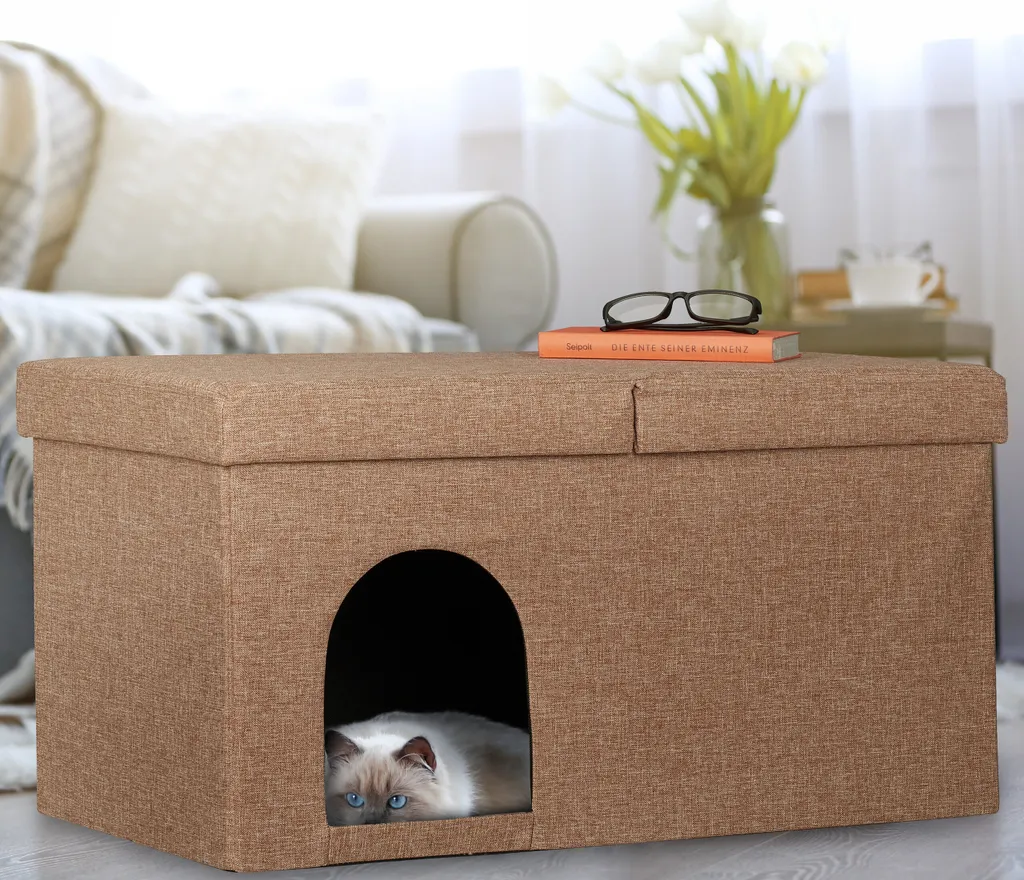 Cachette pour chat marron clair discrète et tabouret gain de place déco - 2