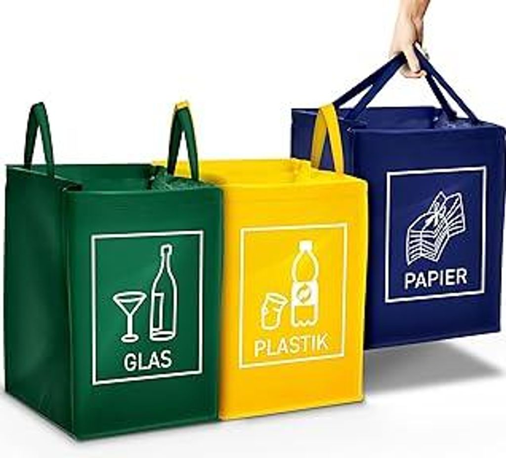 3er Set Mülltrennsystem Abfalltrenner für Papier, Plastik und Glas mit praktischem Transportgriff