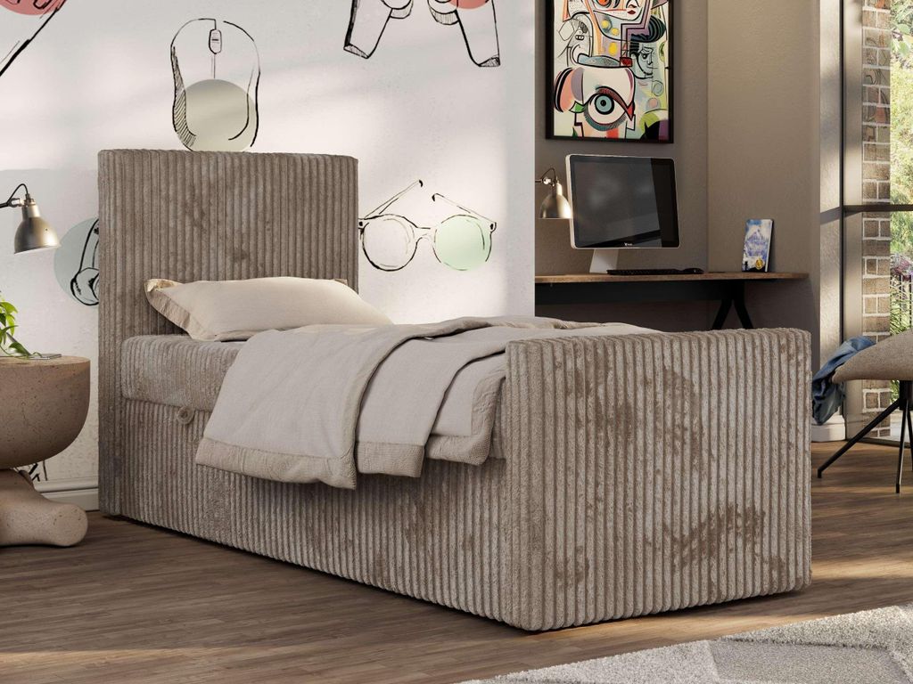 MKS MEBLE Jugendbett TILIO DUO 90x200 mit Stauraum, Polsterbett mit hohem Kopfteil, Cordbezug, 7-Zonen-Taschenfederkern Multipocket-Matratze, Einze...
