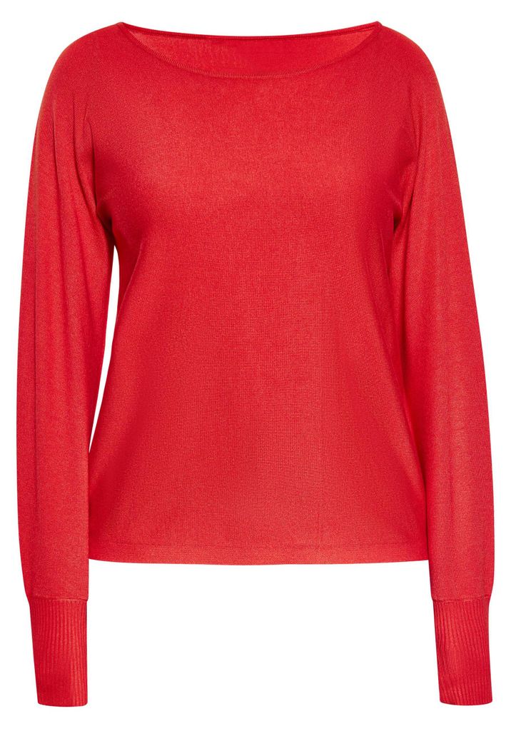 Damen Pullover Rot mit weitem Rundhalsausschnitt und goldenen Ziernähten Größe L