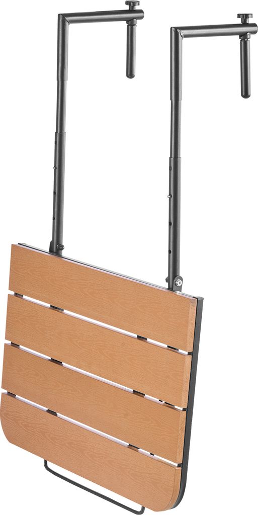A hanging balcony table with adjustable metal supports against a white background.