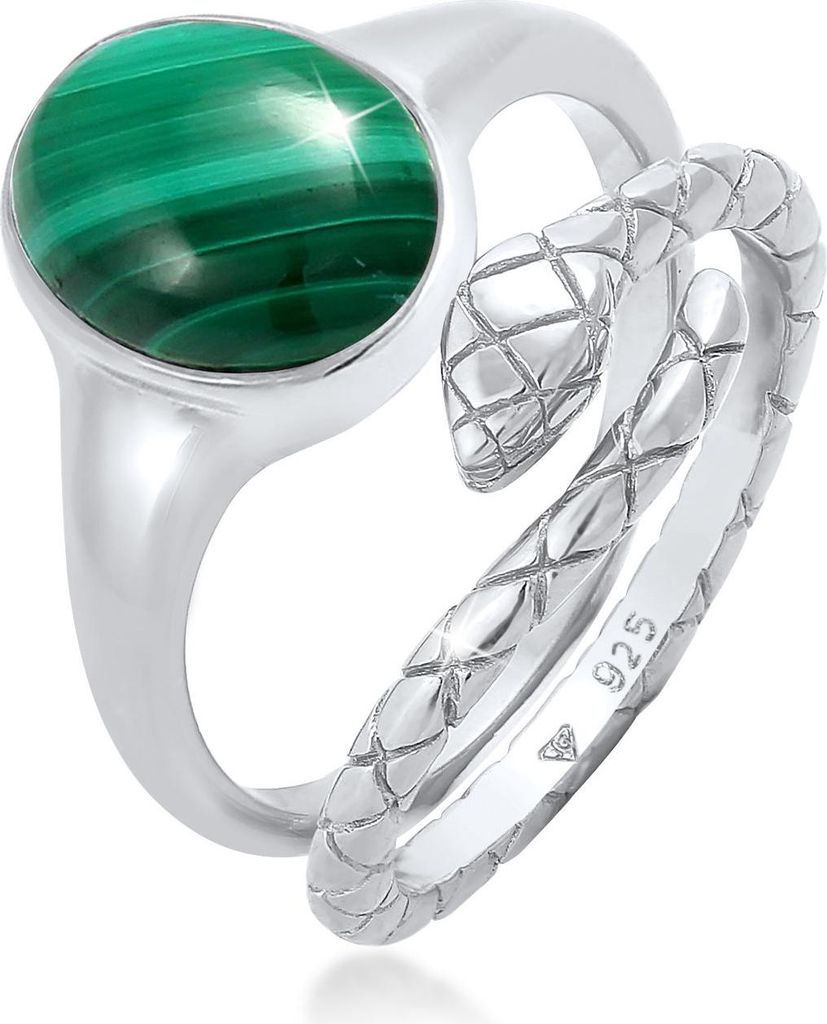 Damen 2er Set Ringe, 925er Silber rhodiniert, Malachit-Stein, ovaler Siegelring & Wickelring Schlangenlook, verstellbar