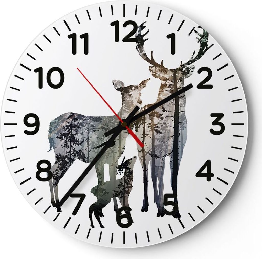 Wanduhr - Rund - Glasuhr - Deer Familie Wildheit Illustration - 40x40cm - Schleichendes Uhrwerk - Lautlos - zum Aufhängen bereit - Dekoration Mode...