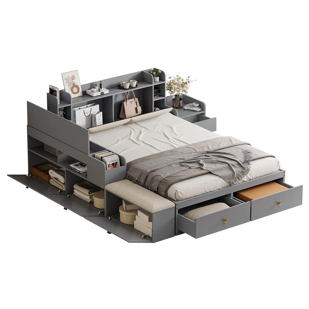 Lit double combiné gain de place 140x200, bois gris avec rangements - 10