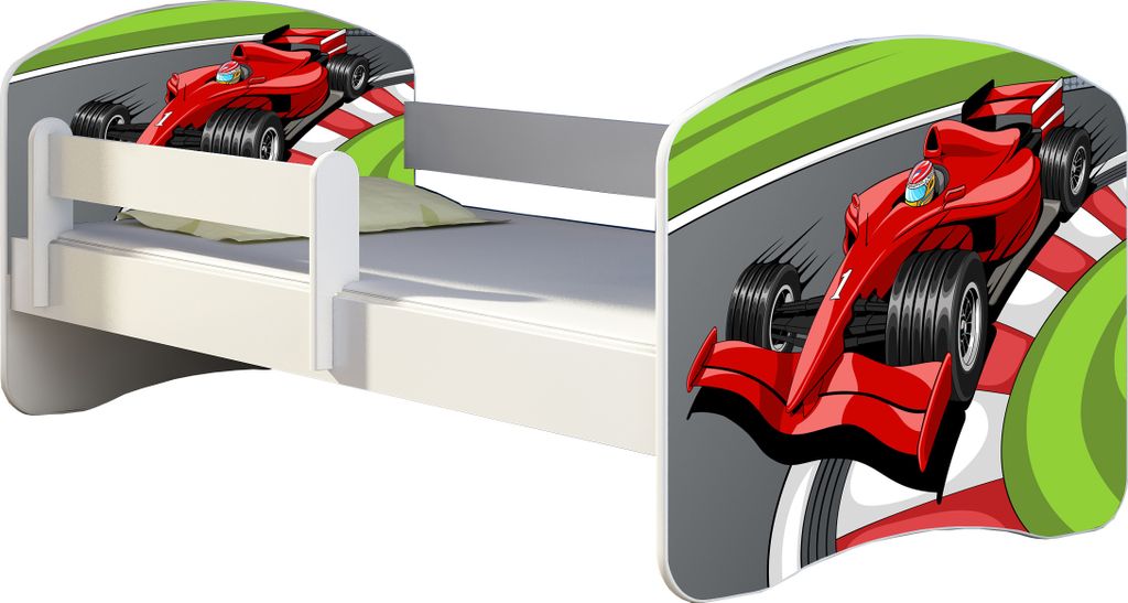 ACMA Jugendbett Kinderbett Junior-Bett Komplett-Set mit Matratze Lattenrost und Rausfallschutz Weiß 06 Formel 1 140x70