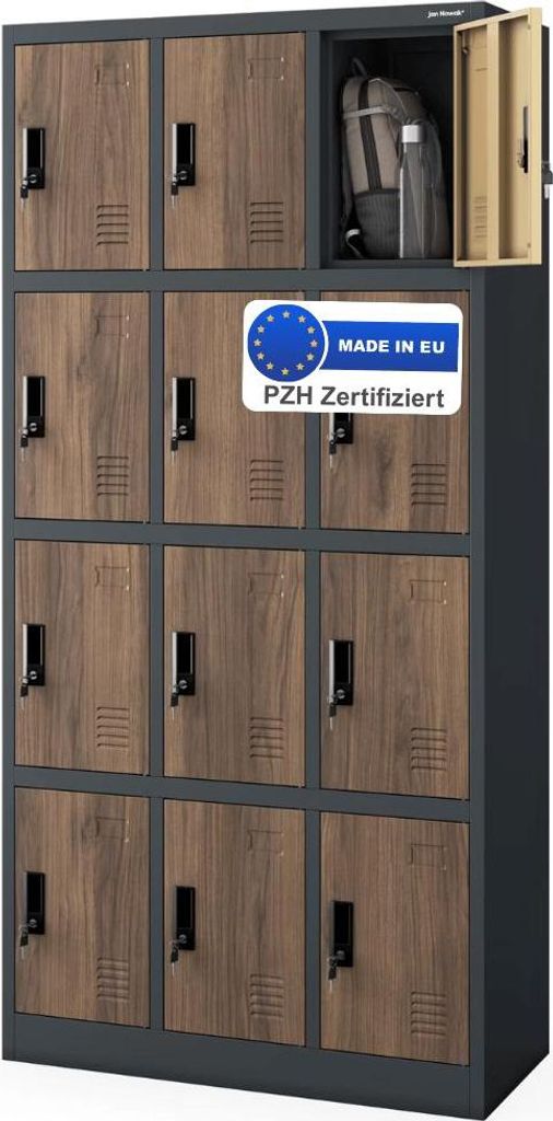 Schließfachschrank Spind BERN - 12 Fächer, Etikettenhalter Lüftungsschlitze | Wertfachschrank Umkleideschrank Metall Kleiderspind, 185x90x40cm A...